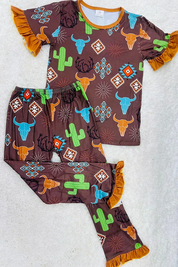 11907MZ Brown bull & cactus & aztec print short sleeve girls pajamas sets