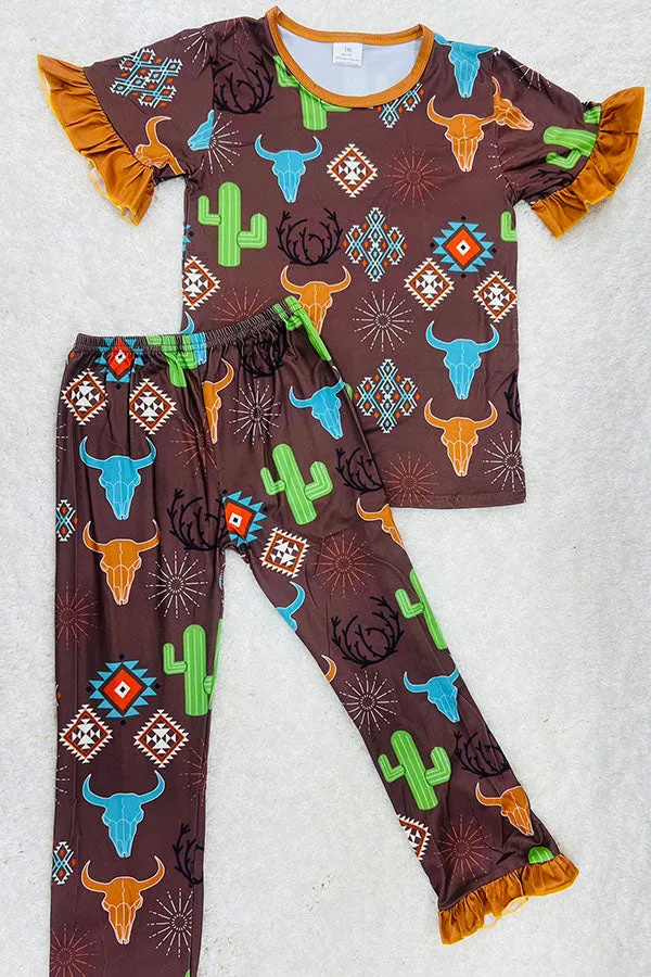 11907MZ Brown bull & cactus & aztec print short sleeve girls pajamas sets