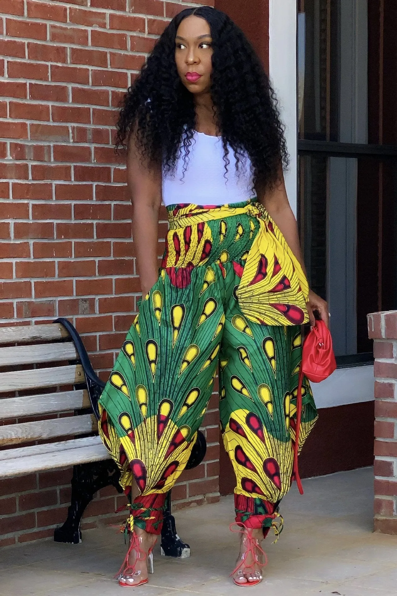 2XL Green & Yellow African Print Harem Pants High Waist Full Length w/ Ankle Bows Plus Size Women