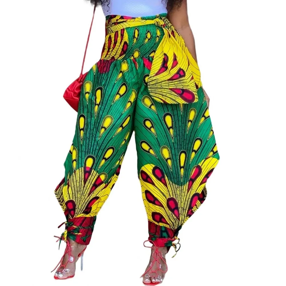 2XL Green & Yellow African Print Harem Pants High Waist Full Length w/ Ankle Bows Plus Size Women