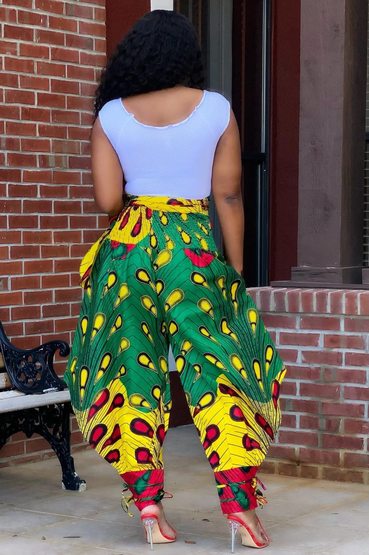 2XL Green & Yellow African Print Harem Pants High Waist Full Length w/ Ankle Bows Plus Size Women