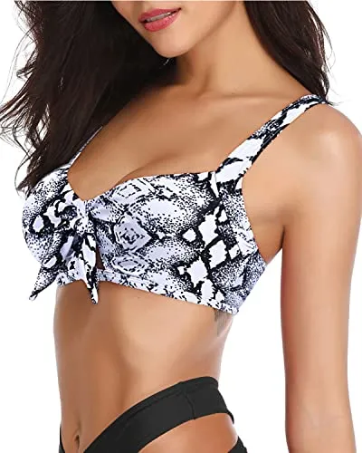 Adjustable Push Up Bra Ruffle Flounce Swimsuit Top-Black And White Snake Print