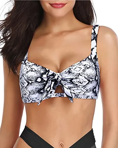 Adjustable Push Up Bra Ruffle Flounce Swimsuit Top-Black And White Snake Print