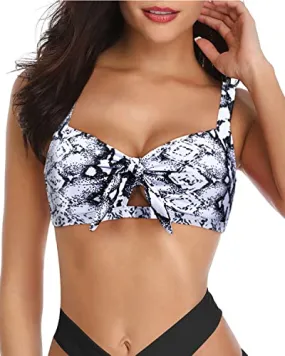 Adjustable Push Up Bra Ruffle Flounce Swimsuit Top-Black And White Snake Print