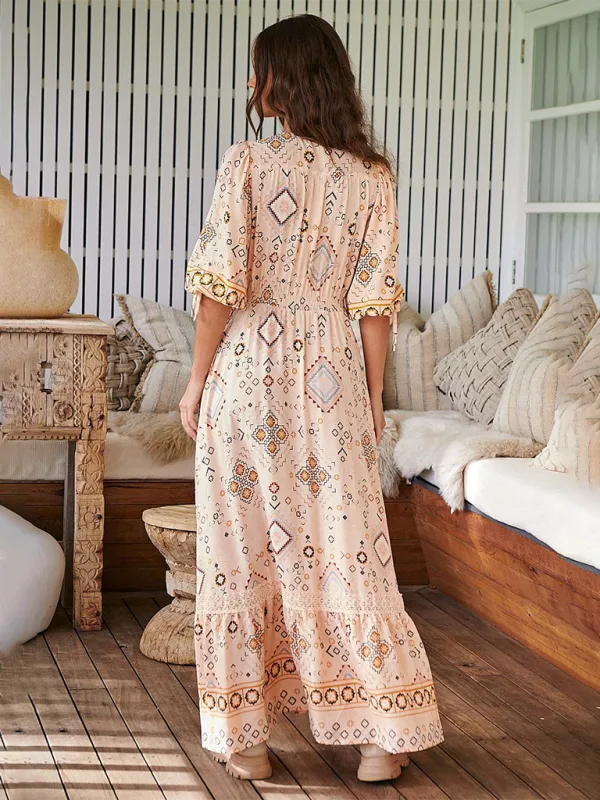 Ava's Bohemian Print V-Neck Button-Down Maxi Dress