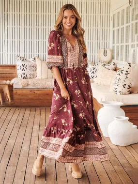 Ava's Bohemian Print V-Neck Button-Down Maxi Dress