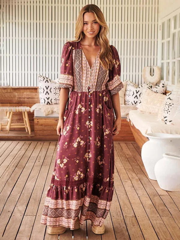 Ava's Bohemian Print V-Neck Button-Down Maxi Dress