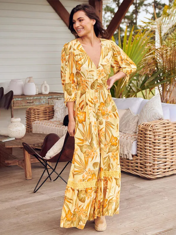 Ava's Bohemian Print V-Neck Button-Down Maxi Dress