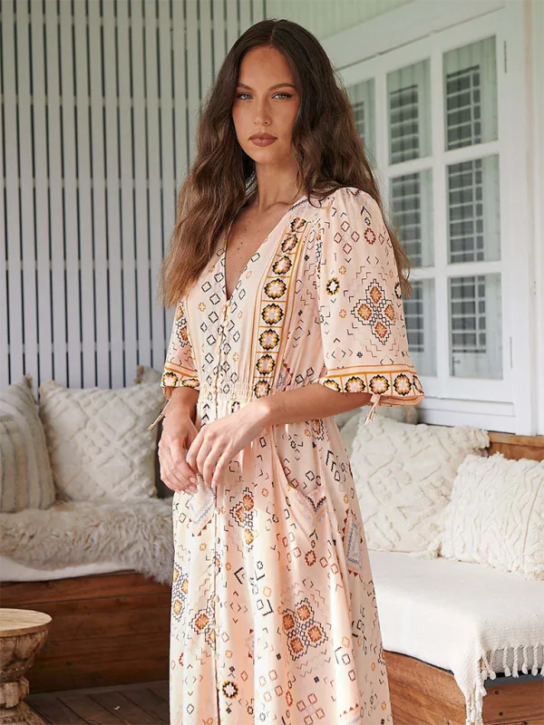 Ava's Bohemian Print V-Neck Button-Down Maxi Dress