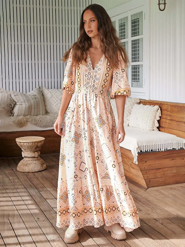 Ava's Bohemian Print V-Neck Button-Down Maxi Dress