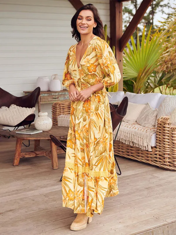 Ava's Bohemian Print V-Neck Button-Down Maxi Dress