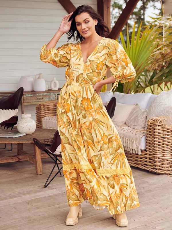 Ava's Bohemian Print V-Neck Button-Down Maxi Dress