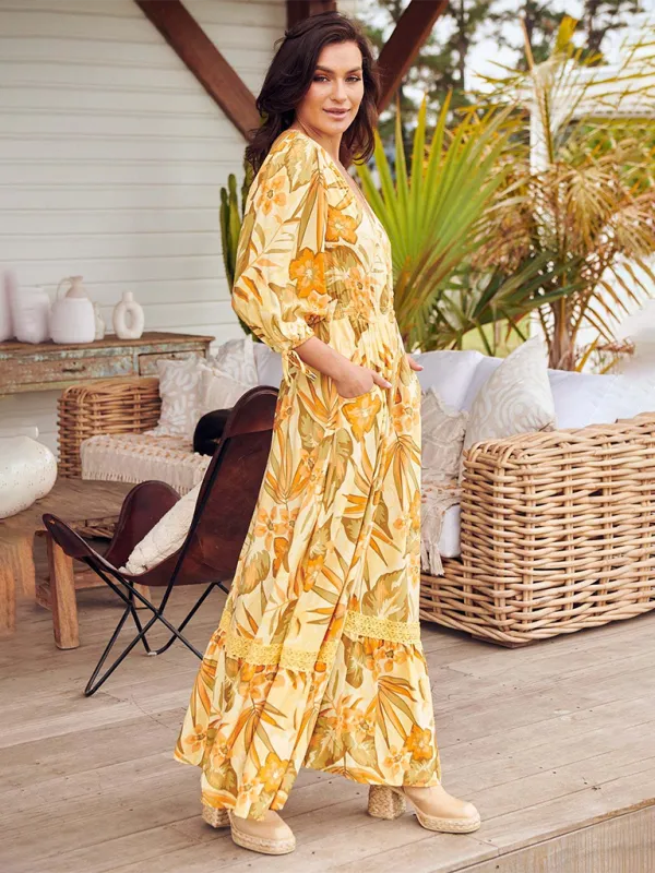 Ava's Bohemian Print V-Neck Button-Down Maxi Dress