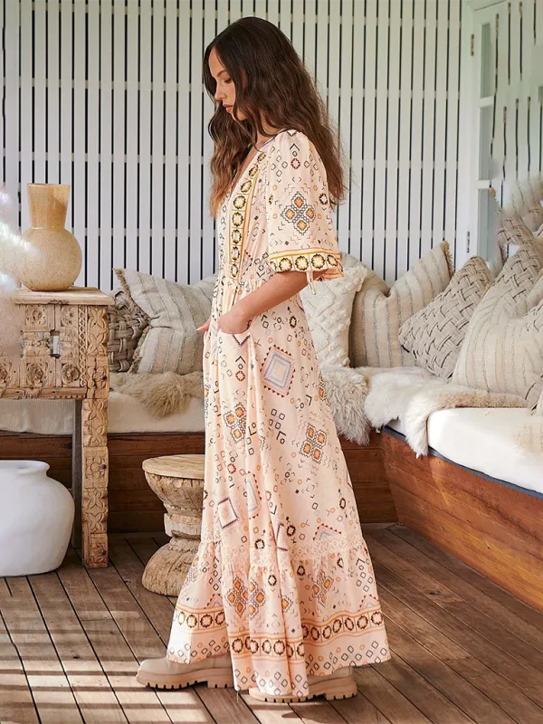 Ava's Bohemian Print V-Neck Button-Down Maxi Dress