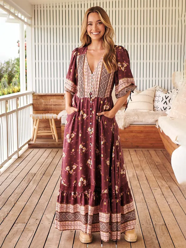 Ava's Bohemian Print V-Neck Button-Down Maxi Dress