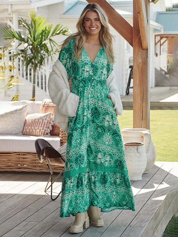 Ava's Bohemian Print V-Neck Button-Down Maxi Dress