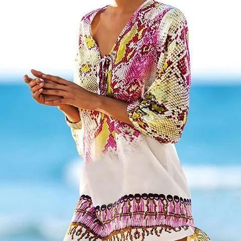 Bandage Print V neck 3/4 Sleeve Mini Vacation Dresses