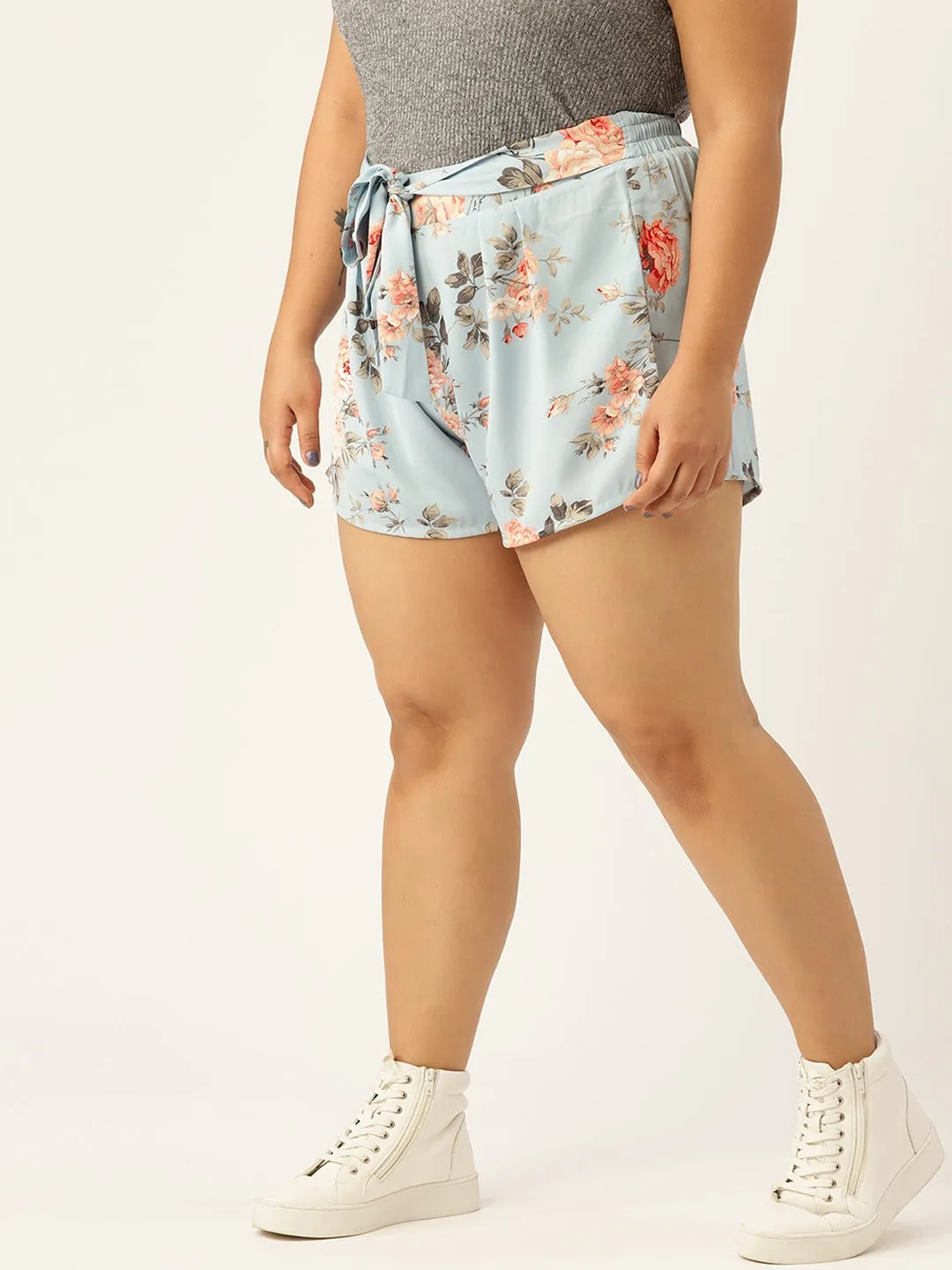 Berrylush Curve Women Blue & Pink Floral Printed High-Rise Shorts