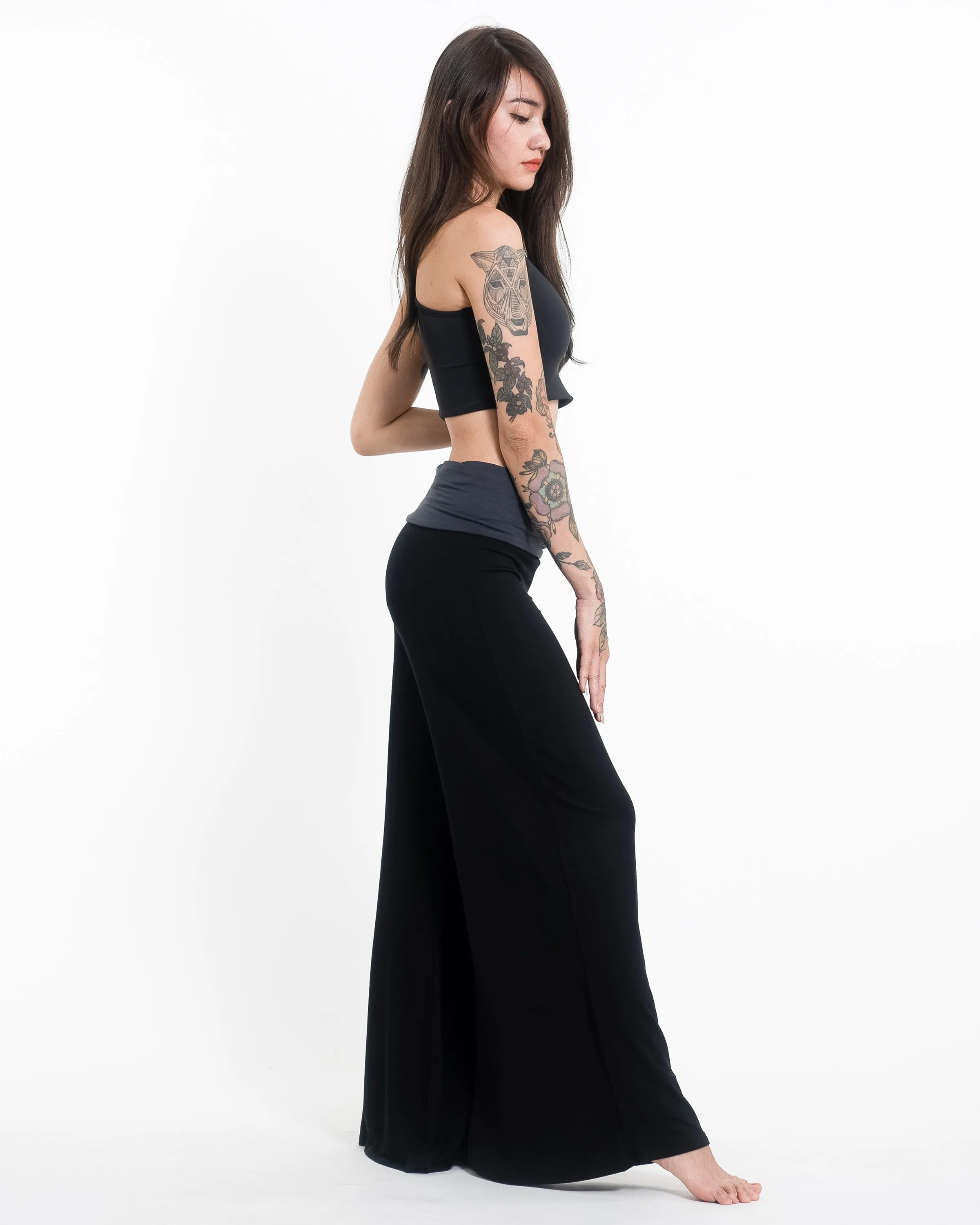 Birds Spandex Wide Leg Palazzo Pants in Black