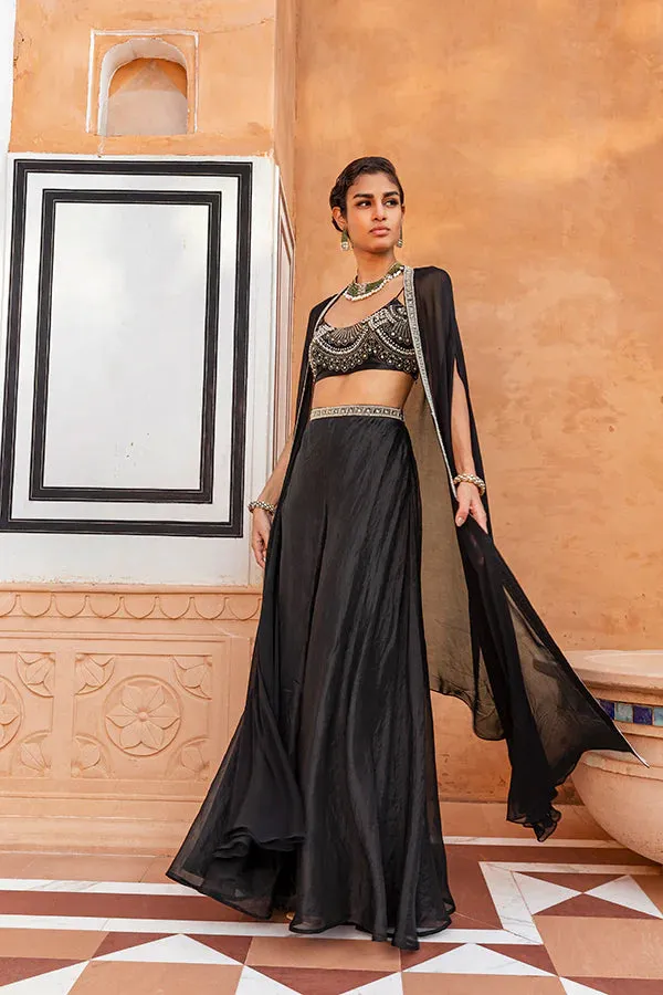 Black Embellished Cape Set