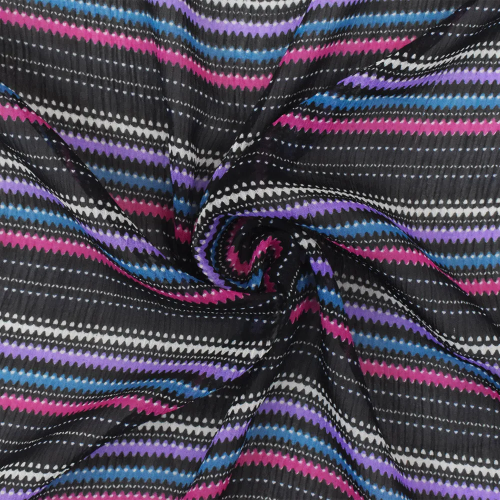 Black-Pink-Multi Mini Wave Stripe Printed Poly Crinkle Yoryu Chiffon Fabric