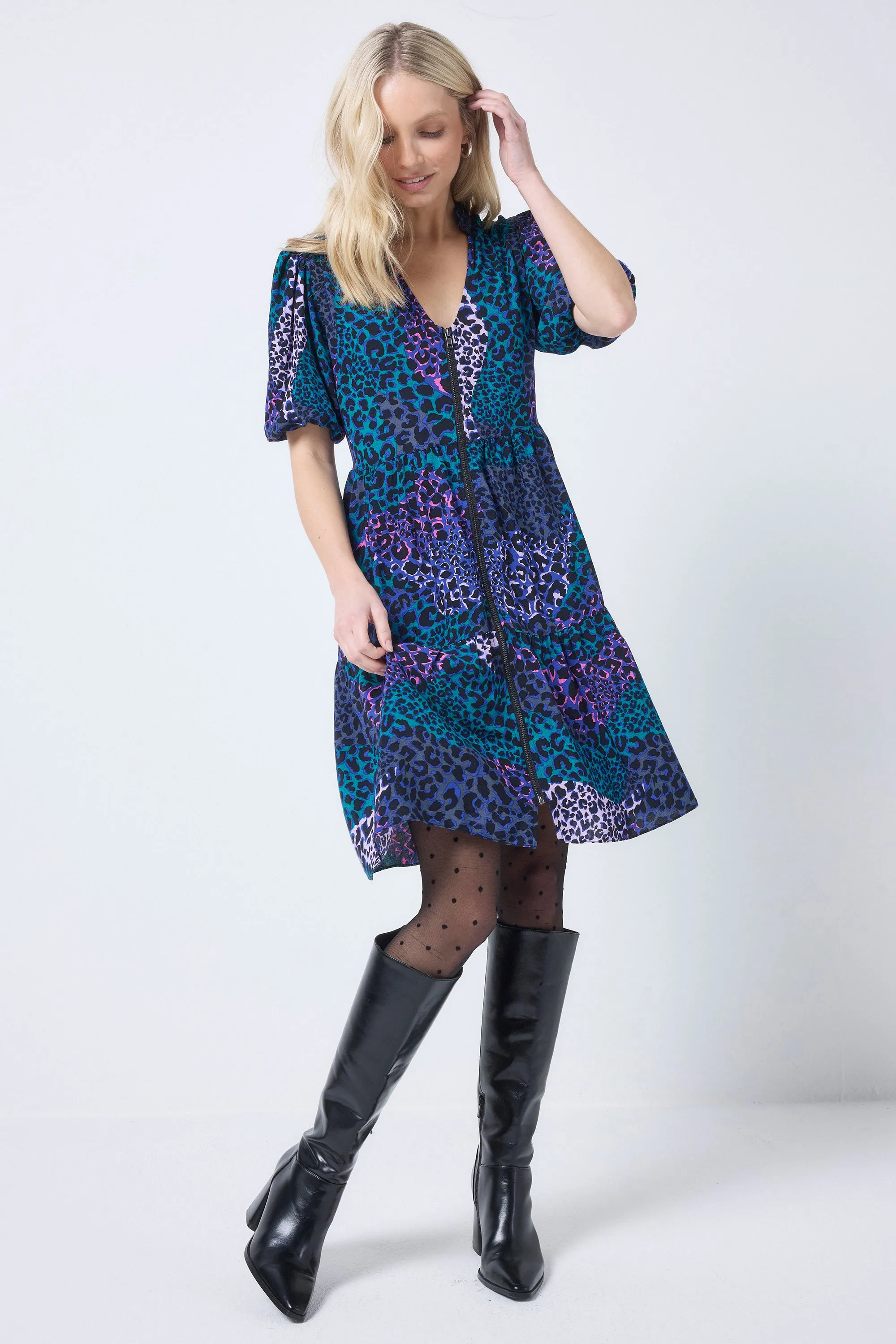 Blue with Green Spliced Leopard Zip Detail Tiered Short Dress