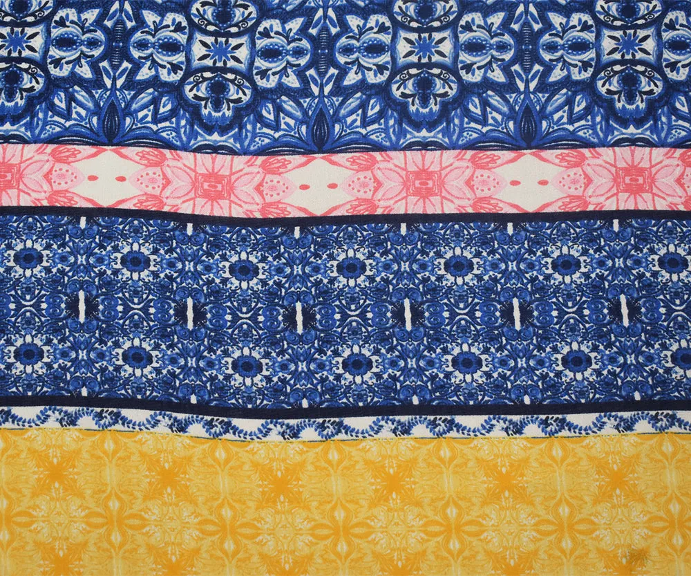 Blue-Yellow-Multi Moroccan Stripe Printed Poly Chiffon Woven Fabric