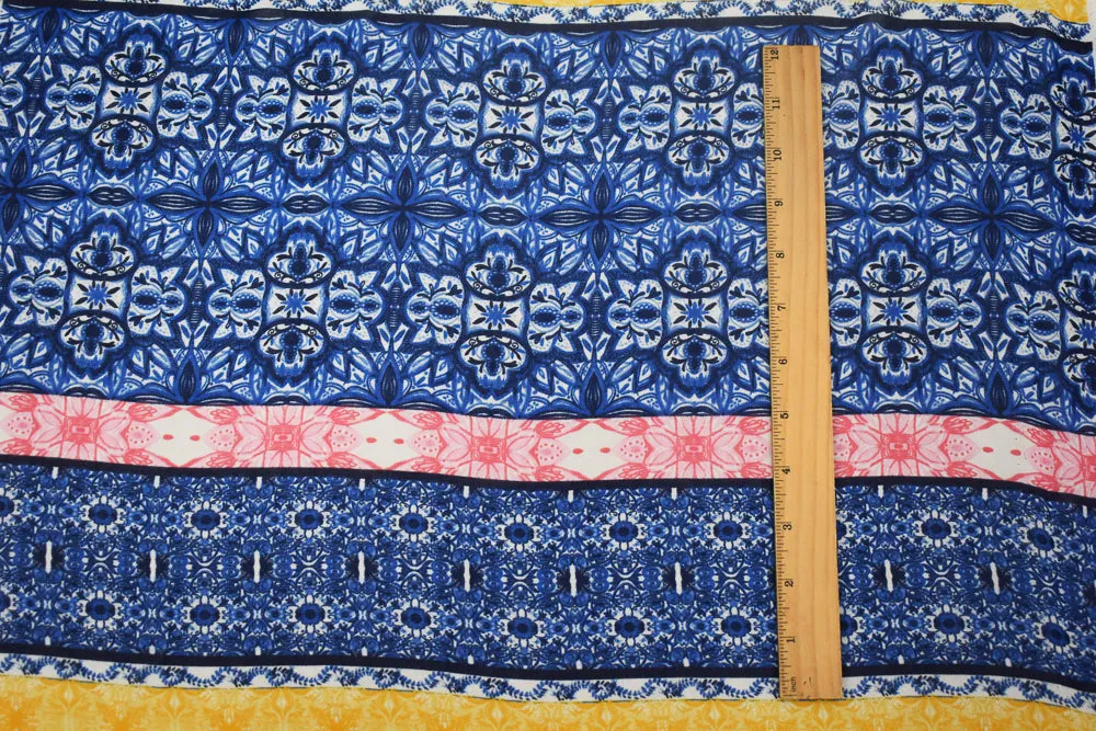 Blue-Yellow-Multi Moroccan Stripe Printed Poly Chiffon Woven Fabric