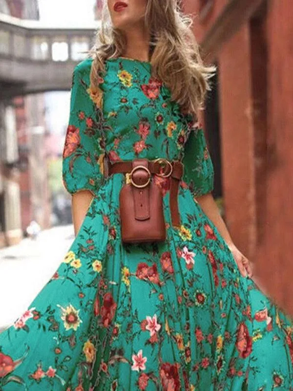 Bohemian Floral Print Dress with Vintage Charm for Year-Round Wear