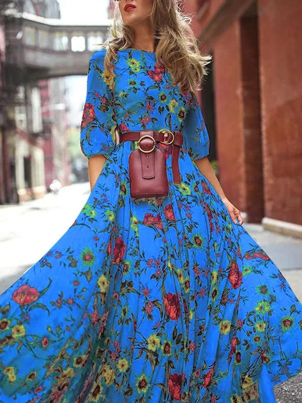 Bohemian Floral Print Dress with Vintage Charm for Year-Round Wear