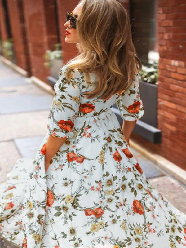 Bohemian Floral Print Dress with Vintage Charm for Year-Round Wear