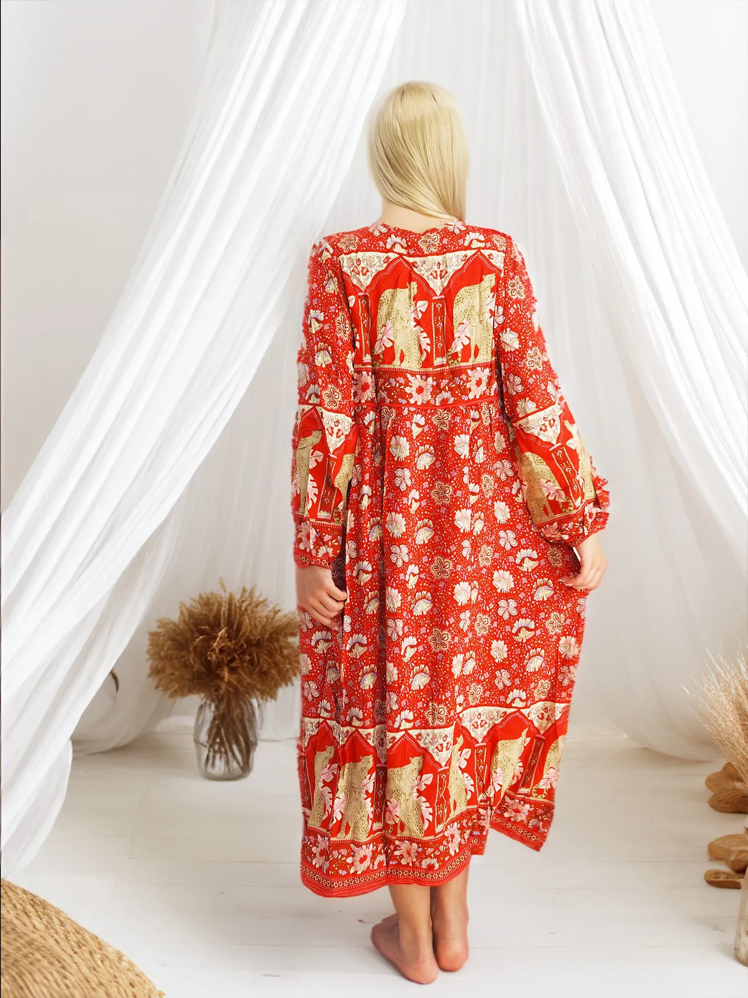 Bohemian Gypsy Hippy Cotton Light Weight Long Dress Red S-M-L