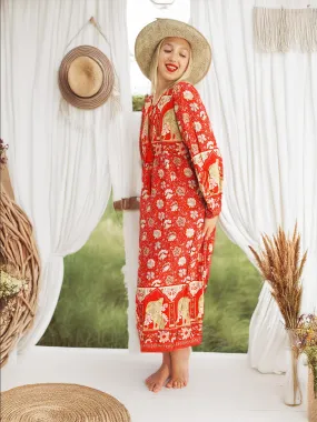 Bohemian Gypsy Hippy Cotton Light Weight Long Dress Red S-M-L