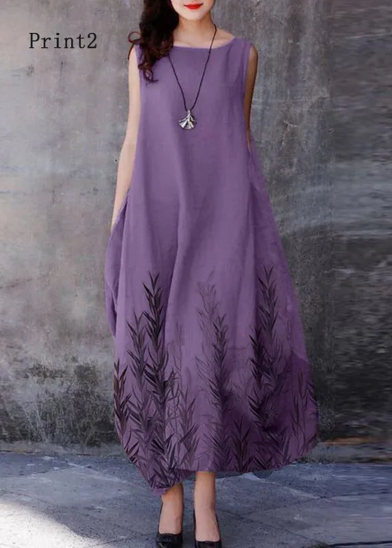 Bohemian Purple O-Neck Exra Large Hem Cotton Dresses Sleeveless