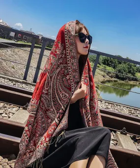 Bohemian Red Tasseled Print Cotton Shawl