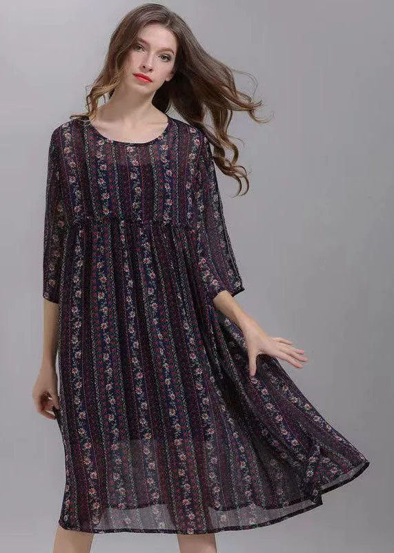 Bohemian Striped O Neck Wrinkled Patchwork Chiffon Dresses Half Sleeve LY7784