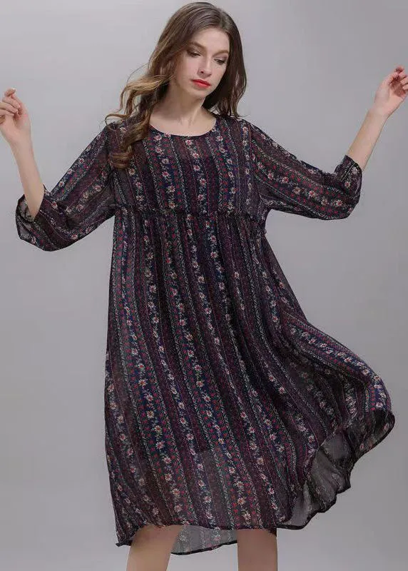 Bohemian Striped O Neck Wrinkled Patchwork Chiffon Dresses Half Sleeve LY7784