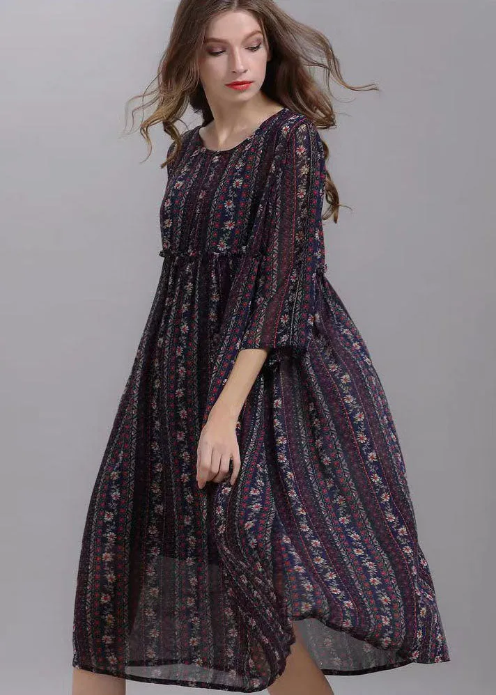 Bohemian Striped O Neck Wrinkled Patchwork Chiffon Dresses Half Sleeve LY7784