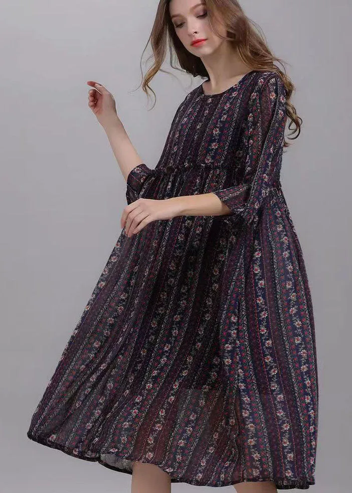 Bohemian Striped O Neck Wrinkled Patchwork Chiffon Dresses Half Sleeve LY7784