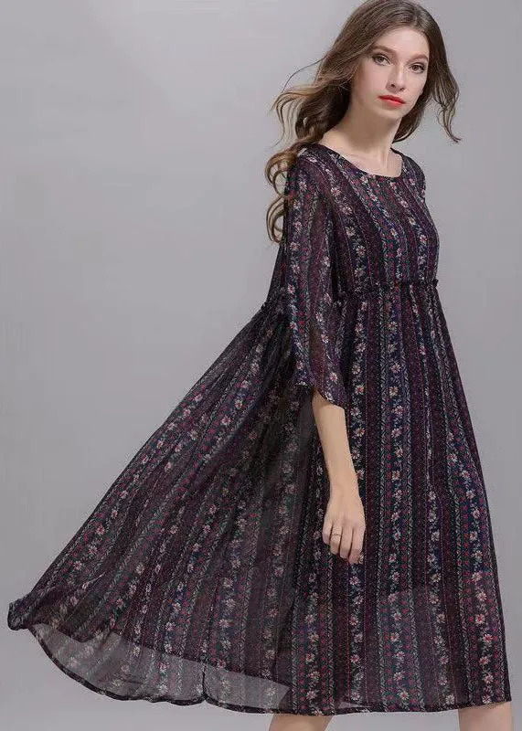 Bohemian Striped O Neck Wrinkled Patchwork Chiffon Dresses Half Sleeve LY7784