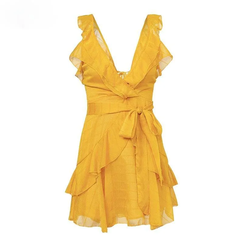 Bohemian Style Casual Women's Ruffled Shape Open Back Dresses With Bow Belt