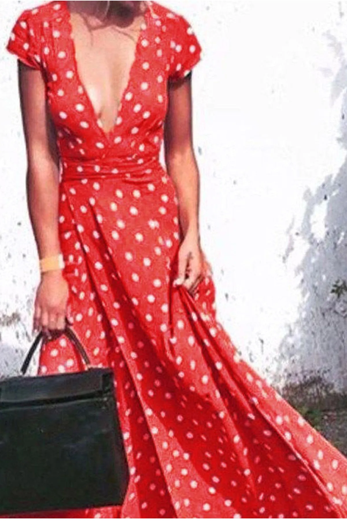 Bohemian V-neck Irregular Split Polka Doat Long Beach Dress