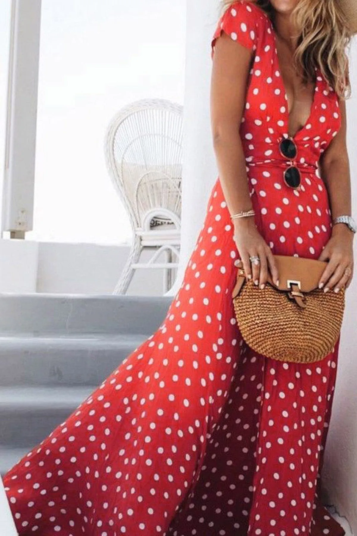 Bohemian V-neck Irregular Split Polka Doat Long Beach Dress