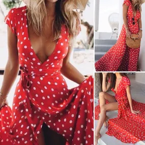 Bohemian V-neck Irregular Split Polka Doat Long Beach Dress