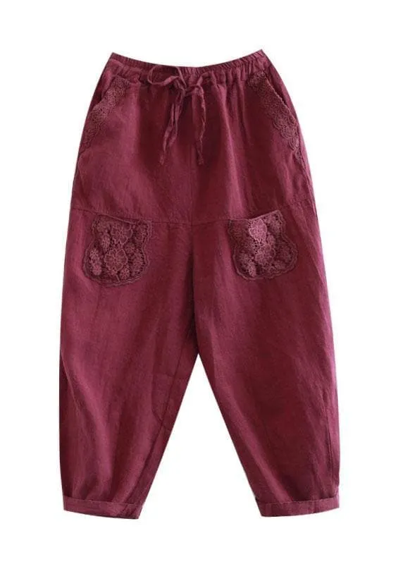 Boutique Mulberry Embroideried Harem Crop Summer Linen Harem Pants