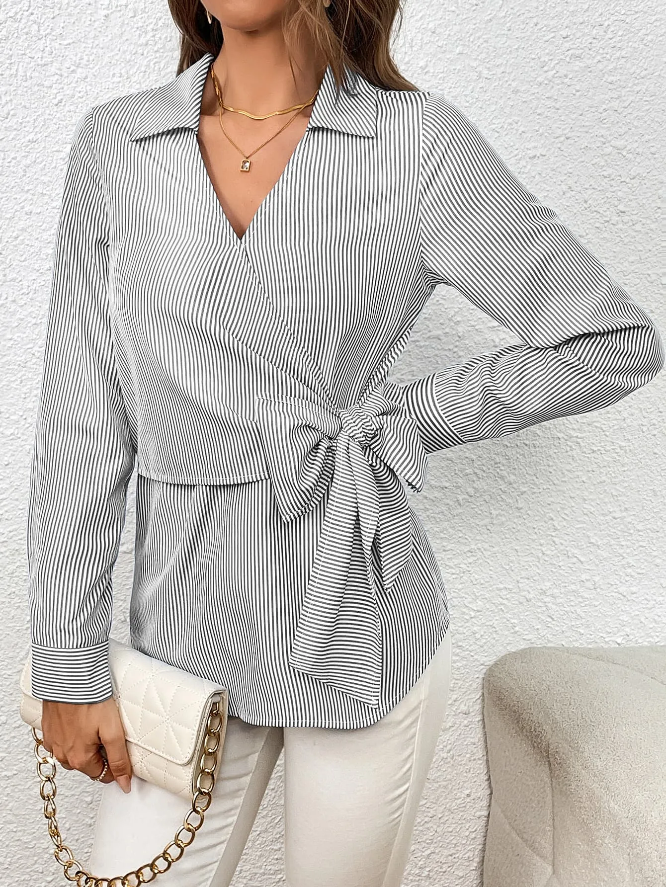 Bow Tie Waist Johnny Collar Neck Striped Blouse