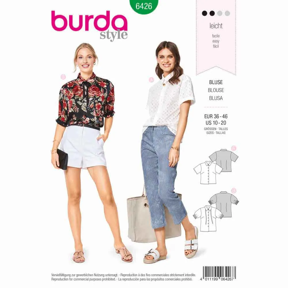 BURDA - 6426 Short Sleeved Blouse - Shirt Blouse Collar