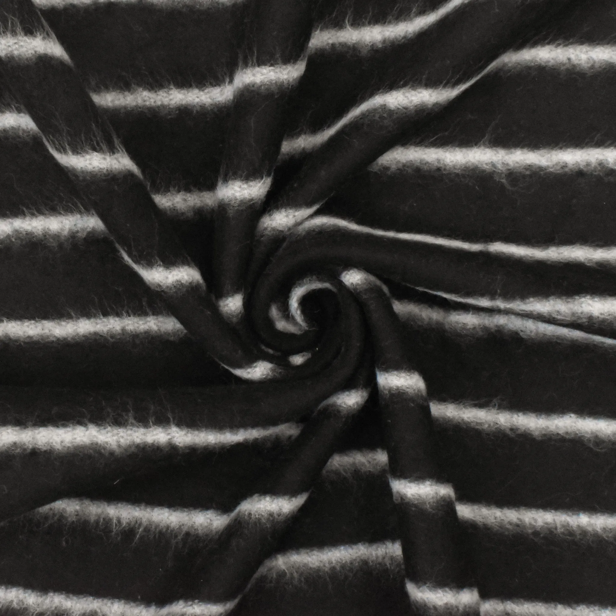 Cat Black-White Stripe Stretch Cotton Brushed Fleece Knit Fabric