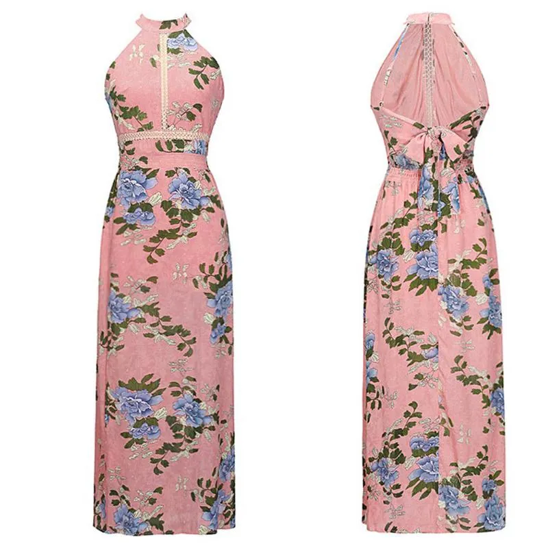 Chiffon Cold Shoulder Print High Neck Collar Split Floral Dresses