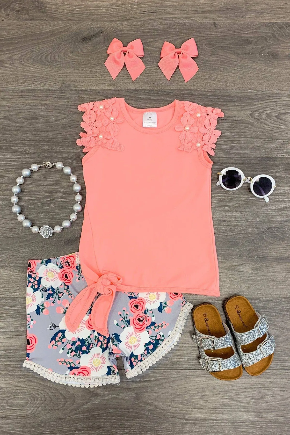 Coral & Gray Floral Tie Top Short Set